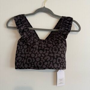 Emily McCarthy Ruffle Sport Bra in Noir Cheetah